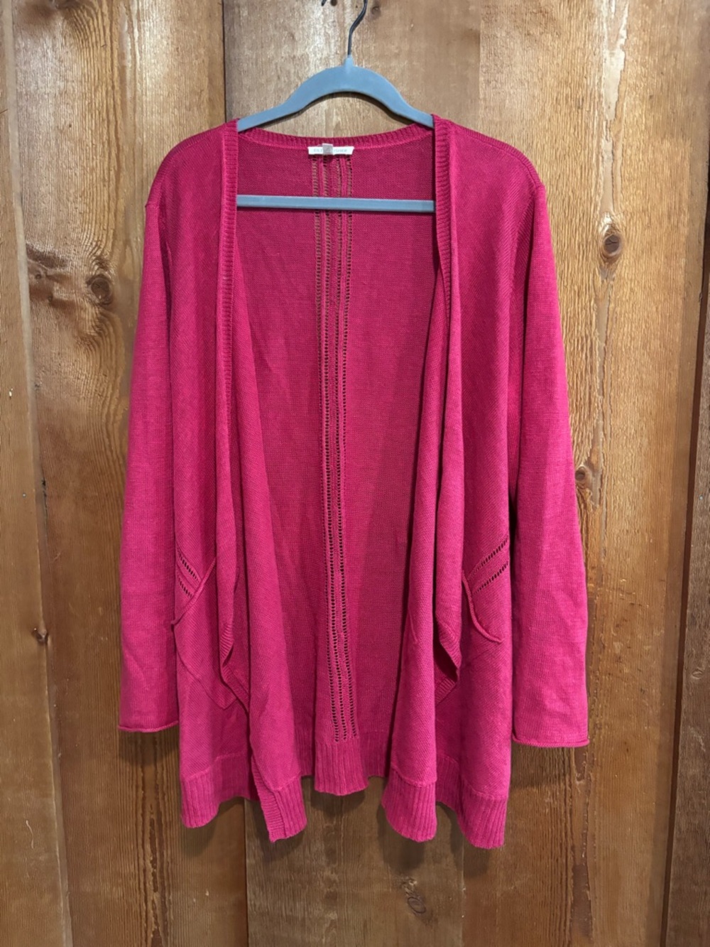 Eileen Fisher 100% Linen Open Front Knit Cardigan XL Raspberry Pink Lagenlook